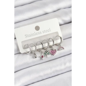 Pirinç Zirkon Taşlı Karpuz Yonca Kalp Pusula Karışık Model Gümüş Renk 6lı Set Kadın Küpe