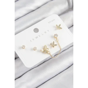 Pirinç Zirkon Taşlı Kelebek Model Gold Renk 925 Ayar Gümüş Çivi Kadın Küpe Set