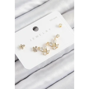 Pirinç Zirkon Taşlı Kelebek Model Gold Renk 925 Ayar Gümüş Çivi Kadın Küpe Set