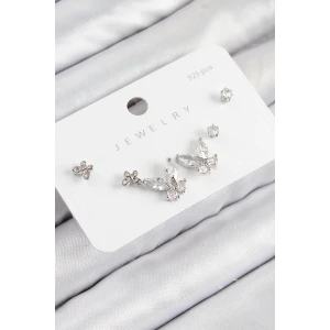 Pirinç Zirkon Taşlı Kelebek Model Gümüş Renk 925 Ayar Gümüş Çivi Kadın Küpe Set