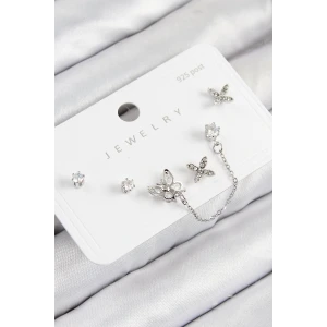 Pirinç Zirkon Taşlı Kelebek Model Gümüş Renk 925 Ayar Gümüş Çivi Kadın Küpe Set