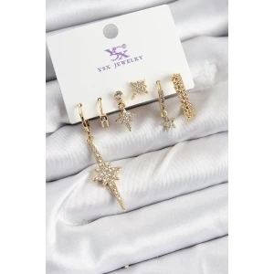 Pirinç Zİrkon Taşlı Kutup Yıldızı Model Gold Renk 3lü Çift Kadın Küpe