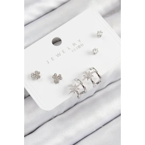 Pirinç Zirkon Taşlı Kutup Yıldızı Model Gümüş Renk 925 Ayar Gümüş Çivi Kadın Küpe Set