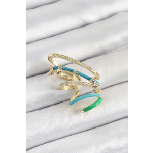 Pirinç Zirkon Taşlı Mavi Yeşil Sıkıştırma Sağ Kıkırdak Gold Renk Kadın Küpe