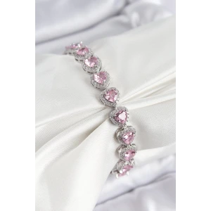 Pirinç Zirkon Taşlı Pembe Kalp Baget Model Gümüş Renk VIP Seri Kadın Bileklik