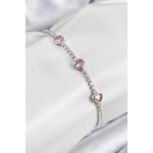 Pirinç Zirkon Taşlı Pembe Kalp Model Gümüş Renk Kadın Bileklik