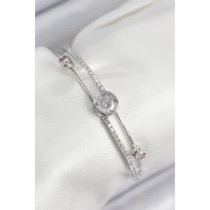 Pirinç Zirkon Taşlı Pırlanta Model Gümüş Renk Kadın Bileklik