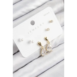 Pirinç Zirkon Taşlı Sallantılı Damla Model Gold Renk 925 Ayar Gümüş Çivi Kadın Küpe Set
