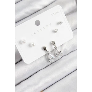 Pirinç Zirkon Taşlı Sallantılı Damla Model Gümüş Renk 925 Ayar Gümüş Çivi Kadın Küpe Set