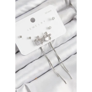 Pirinç Zirkon Taşlı Sallantılı Fiyonk Model Gümüş Renk 925 Ayar Gümüş Çivi Kadın Küpe Set