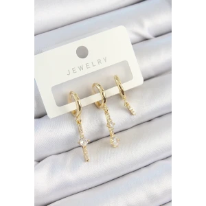 Pirinç Zirkon Taşlı Sallantılı Model Gold Renk 3lü Çift Kadın Küpe Set