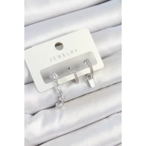 Pirinç Zirkon Taşlı Sallantılı Model Gümüş Renk 3lü Çift Kadın Küpe Set