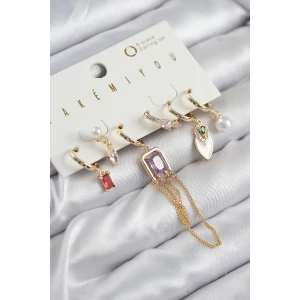 Pirinç Zirkon Taşlı Sallantılı Ve İncili Gold Renk 6lı Küpe Set