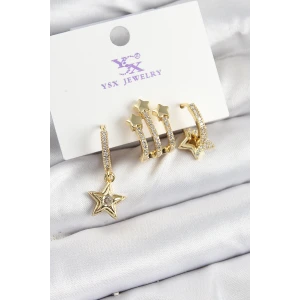 Pirinç Zİrkon Taşlı Sallantılı Yıldız Model Gold Renk 3lü Kadın Küpe