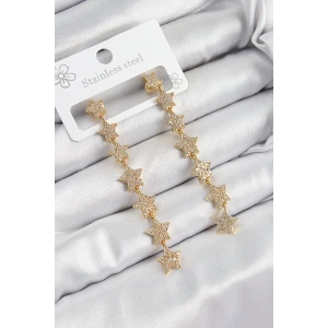 Pirinç Zirkon Taşlı Sallantılı Yıldız Model Gold Renk Kadın Küpe