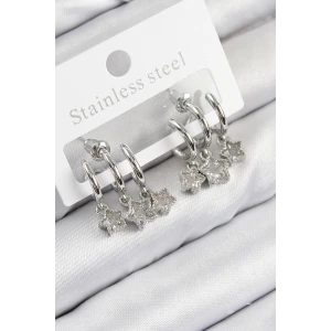 Pirinç Zirkon Taşlı Sallantılı Yıldız Model Gümüş Renk Kadın Küpe