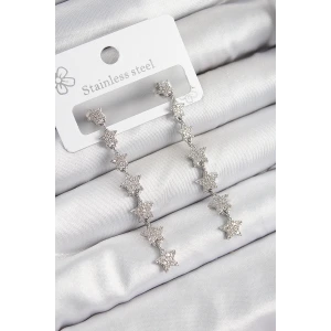 Pirinç Zirkon Taşlı Sallantılı Yıldız Model Gümüş Renk Kadın Küpe