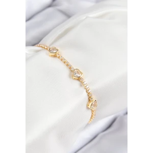Pirinç Zirkon Taşlı Sıralı Kalp Model Gold Renk Kadın Bileklik