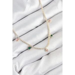 Pirinç Zirkon Taşlı Su Yolu Damla Model Gold Renk Kadın Kolye