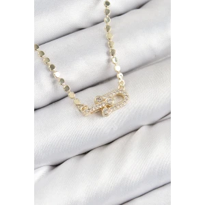 Pirinç Zirkon Taşlı Tifany Model Ezme Zincir Gold Renk Kadın Kolye