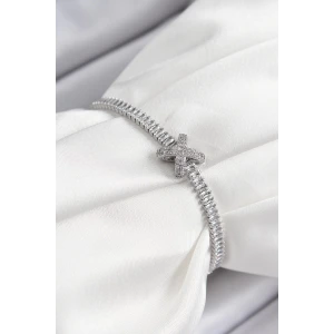 Pirinç Zirkon Taşlı X Detaylı Su Yolu Model Gümüş Renk Asansörlü Kadın Bileklik