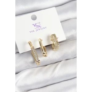 Pirinç Zİrkon Taşlı Yıldız Model Gold Renk 3lü Kadın Küpe