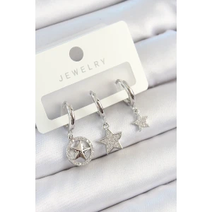 Pirinç Zirkon Taşlı Yıldız Model Gümüş Renk 3lü Çift Kadın Küpe Set