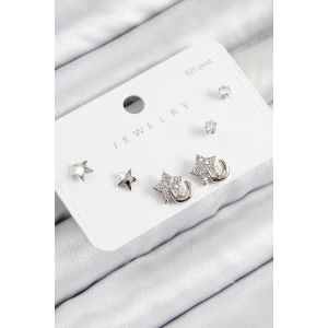 Pirinç Zirkon Taşlı Yıldız Model Gümüş Renk 925 Ayar Gümüş Çivi Kadın Küpe Set