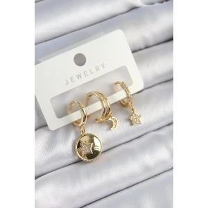 Pirinç Zirkon Taşlı Yıldız Ve Ay Model Gold Renk 3lü Çift Kadın Küpe Set