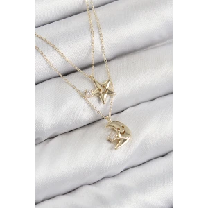 Pirinç Zirkon Taşlı Yıldız Ve Ay Model Gold Renk Kadın Kolye