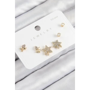 Pirinç Zirkon Taşlı Yıldız Ve Gül Model Gold Renk 925 Ayar Gümüş Çivi Kadın Küpe Set