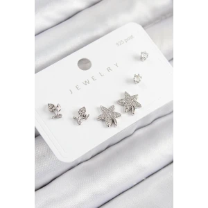 Pirinç Zirkon Taşlı Yıldız Ve Gül Model Gümüş Renk 925 Ayar Gümüş Çivi Kadın Küpe Set