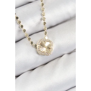 Pirinç Zirkon Taşlı Yonca Model Ezme Zincir Gold Renk Kadın Kolye