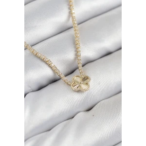 Pirinç Zirkon Taşlı Yonca Model Gold Renk Kadın Kolye