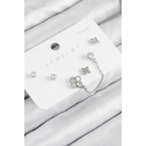 Pirinç Zirkon Taşlı Yonca Model Gümüş Renk 925 Ayar Gümüş Çivi Kadın Küpe Set