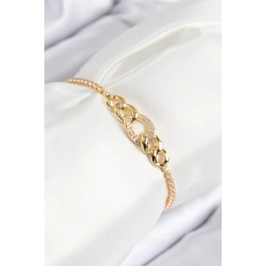 Pirinç Zirkon Taşlı Zincir Model Gold Renk Asansörlü Kadın Bileklik
