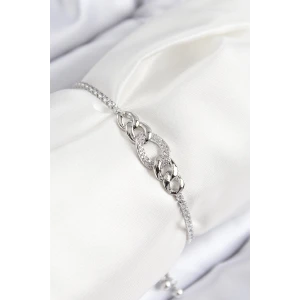 Pirinç Zirkon Taşlı Zincir Model Gümüş Renk Asansörlü Kadın Bileklik