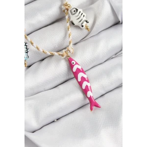 Seramik Motifli Pembe Balık Figürlü Model Krem İp Kadın Kolye