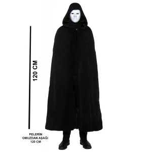 Siyah Kapüşonlu 120 Cm Pelerin Ve Beyaz Boyanabilir Tam Yüz Maske