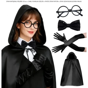 Siyah Kapüşonlu Büyücü Ve Cadı Pelerin Kostüm Seti (4 Parça)