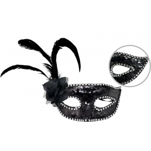 Siyah Renk Yandan Tüylü Güllü Gümüş Taşlı Pullu Maske 20x22 Cm