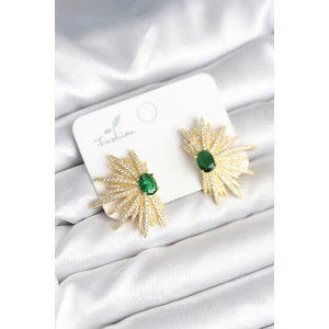 Yeşil Taş Detaylı Zirkon Taşlı Gold Renk Pirinç Kadın Küpe