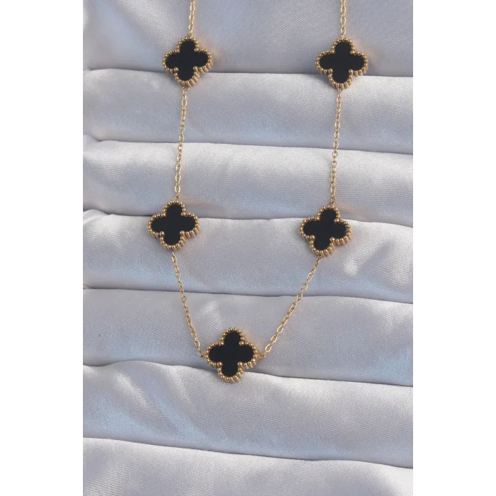 316L Çelik Gold Renk Siyah Mineli Yonca Kolye