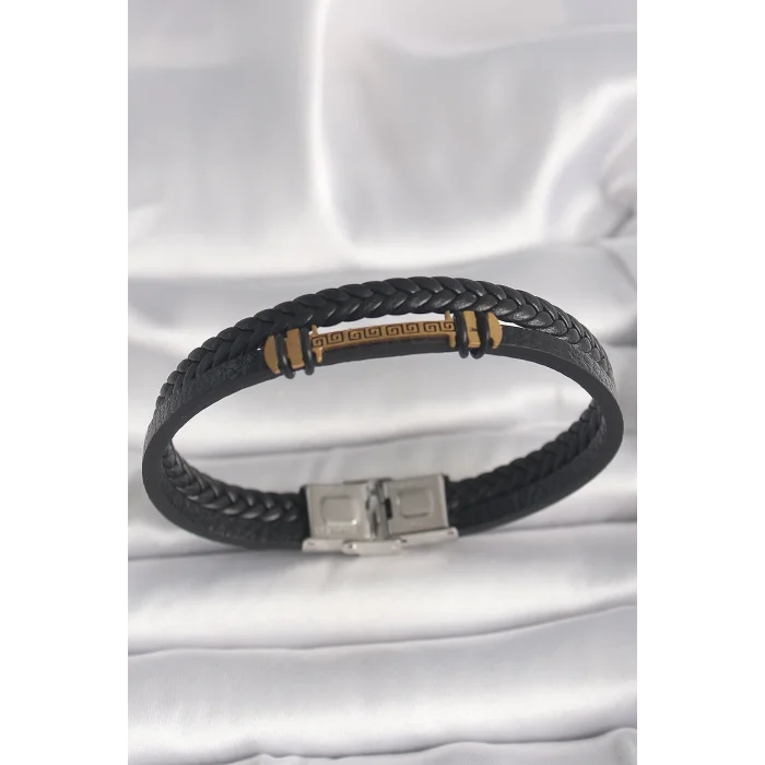 316L Çelik Gold Renk ZikZak İşlemeli Aksesuarlı Çift Sıra Burgu Desenli Deri Kordon Erkek Bileklik