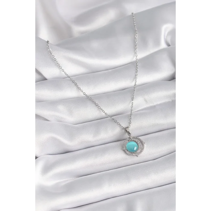 316L Çelik Gümüş Renk Mavi Sedefli Hilal Model Kadın Kolye