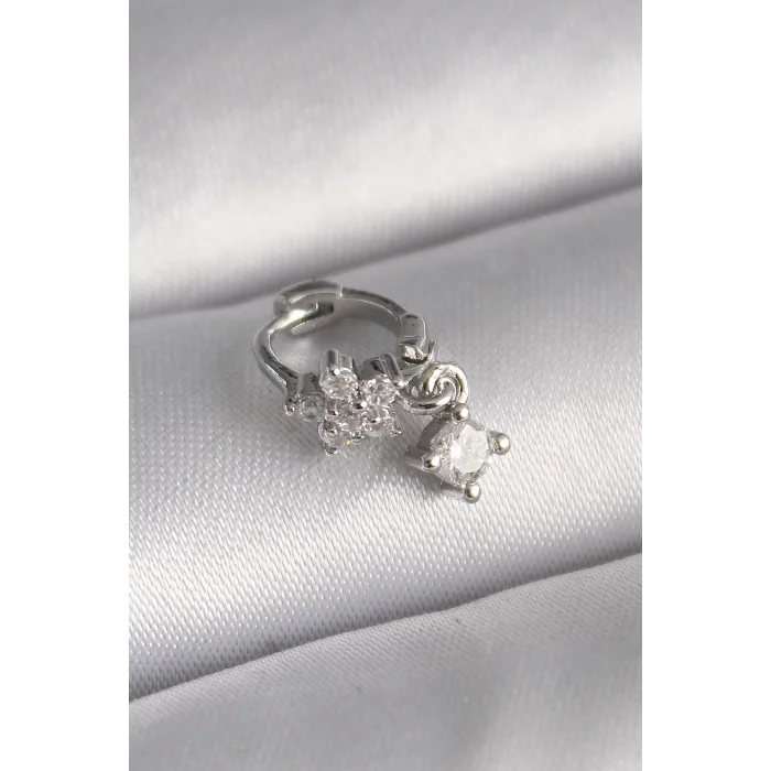 316L Çelik Gümüş Renk Zirkon Taşlı Çiçek Model Sallantı Detay Tragus Piercing