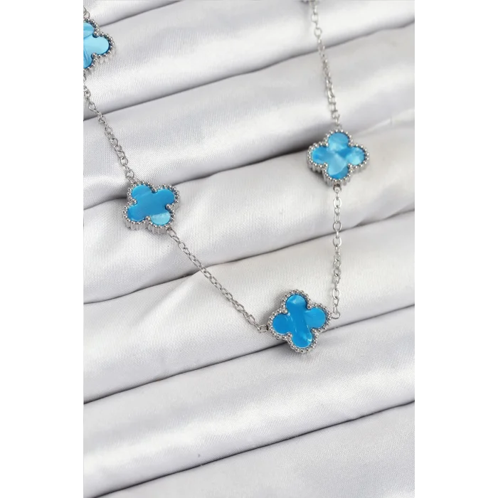 316L Çelik Zincir Gümüş Buz Mavisi Renk Yonca Kadın Kolye