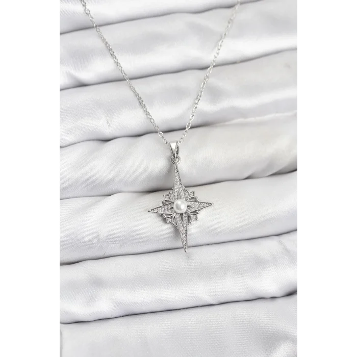 316L Çelik Zincir Gümüş Renk Kutup Yıldızı Model Zirkon Taşlı Kadın Kolye