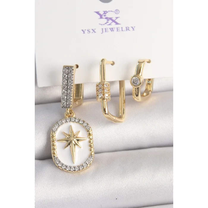 Pirinç Gold Renk Sallantı Zirkon Taş İşlmeli Yıldız Portre Model 3Lü Kadın Kombin Küpe