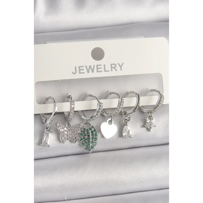 Pirinç Gümüş Renk Zirkon Taşlı Çoklu Figür Kadın Küpe Seti